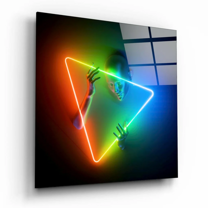 Neon Rainbow Triangle Glass Wall Art With Glowing Hands | Insigneart USA | vintageantiquesgifts.com