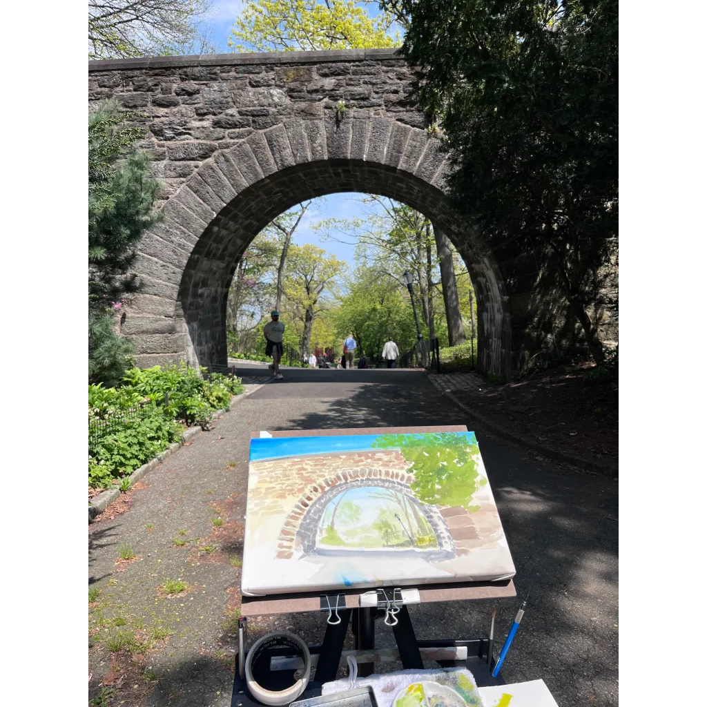 Linden Terrace Arch watercolor painting with stone archway and greenery