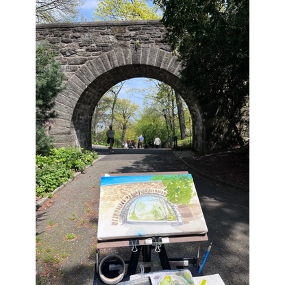 Linden Terrace Arch watercolor painting with stone archway and greenery