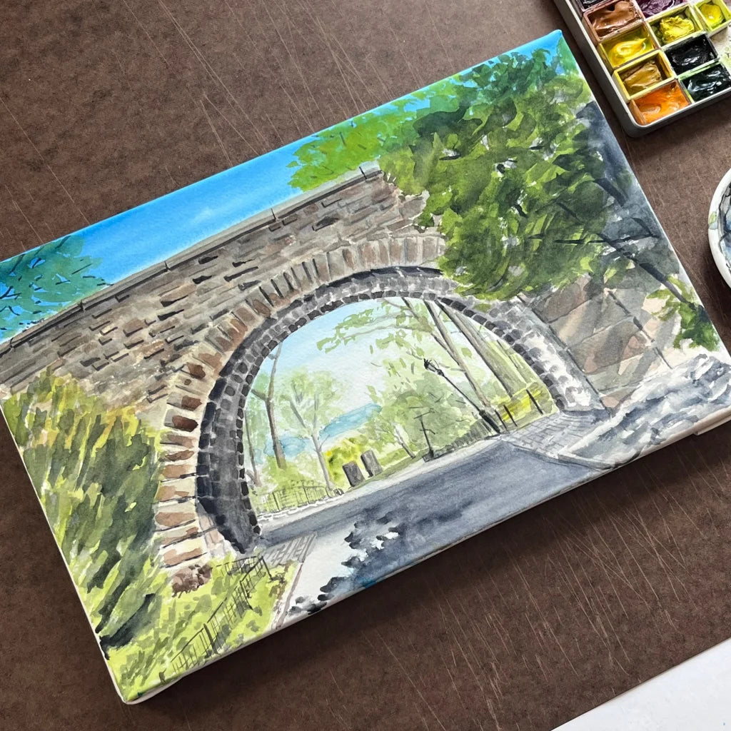 Watercolor of Linden Terrace Arch bridge in Fort Tryon Park