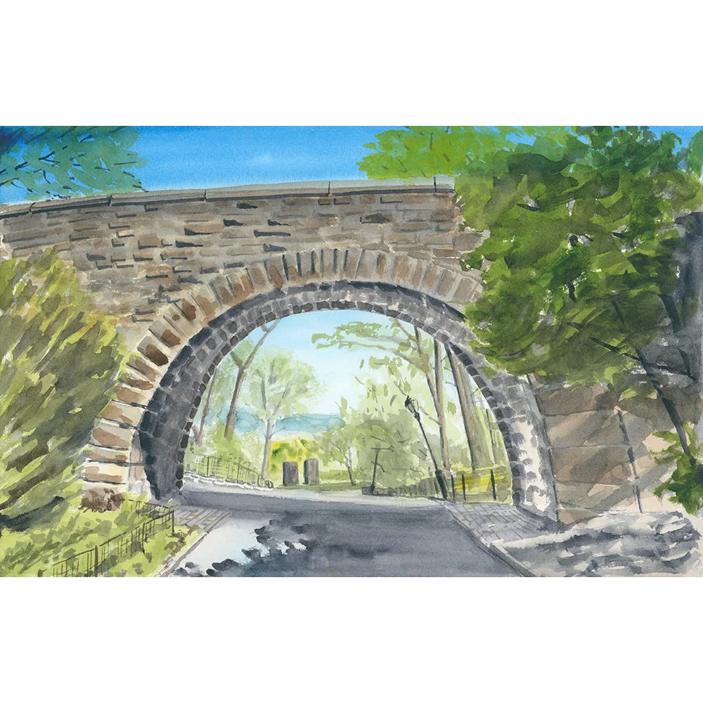Linden Terrace Arch watercolor painting of stone bridge with foliage and sky
