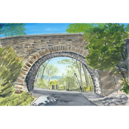Linden Terrace Arch watercolor painting of stone bridge with foliage and sky