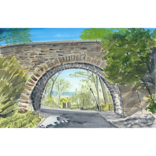 Linden Terrace Arch watercolor painting of stone bridge with foliage and sky