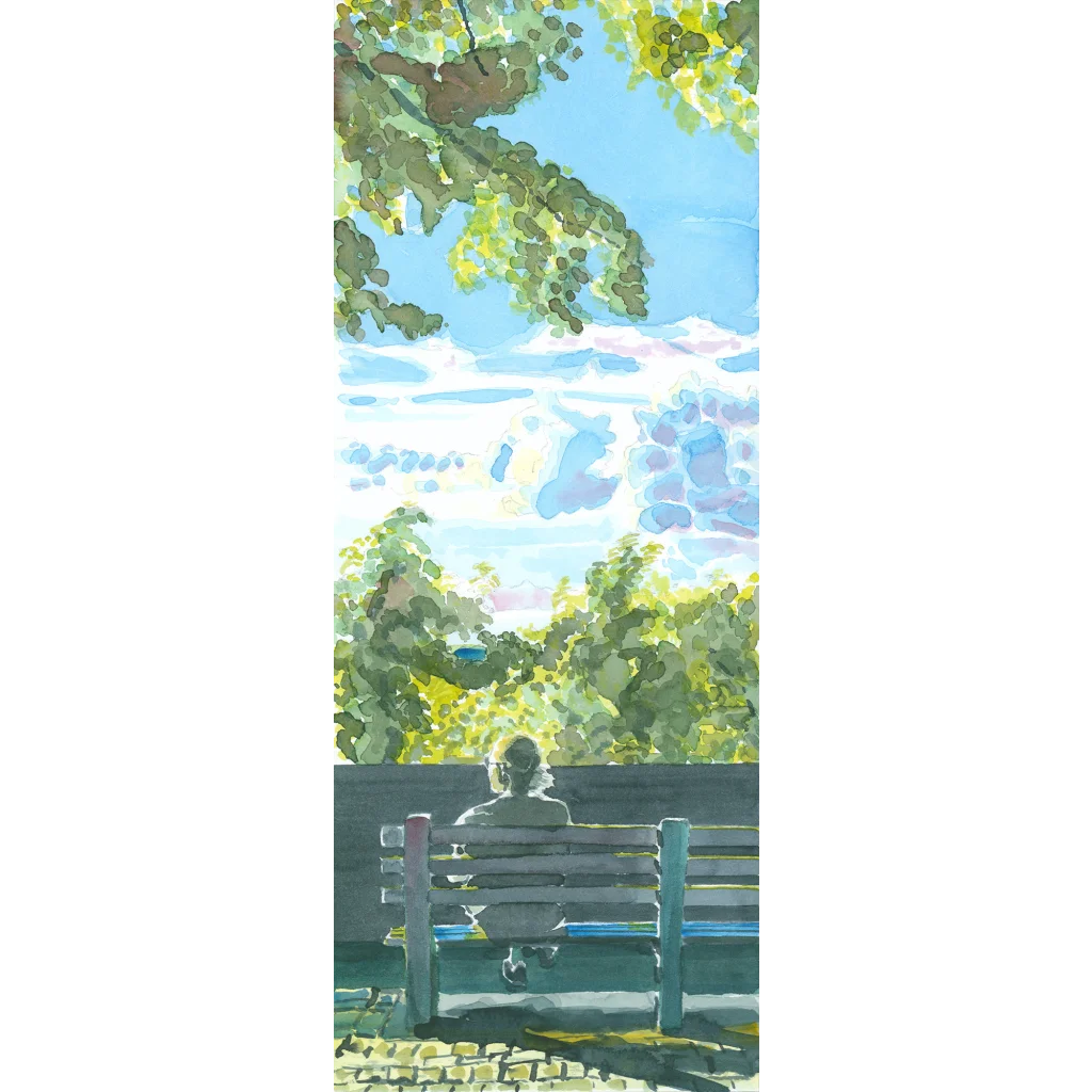 Linden Terrace bench watching Hudson River sunset, wooden with curved back