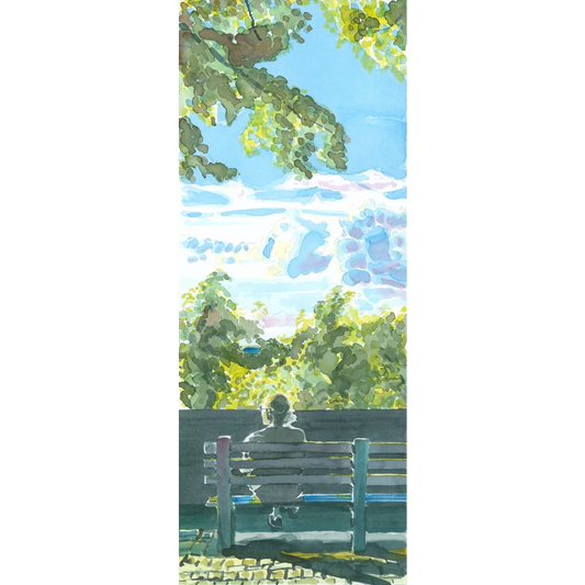 Linden Terrace bench watching Hudson River sunset, wooden with curved back