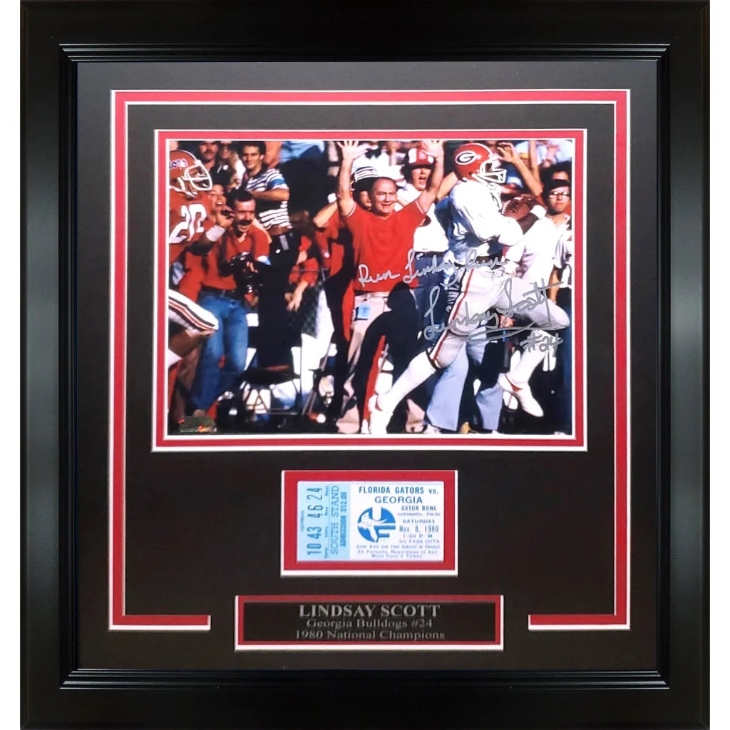 Lindsay Scott autographed deluxe framed 8x10 Georgia Bulldogs photo with replica game ticket