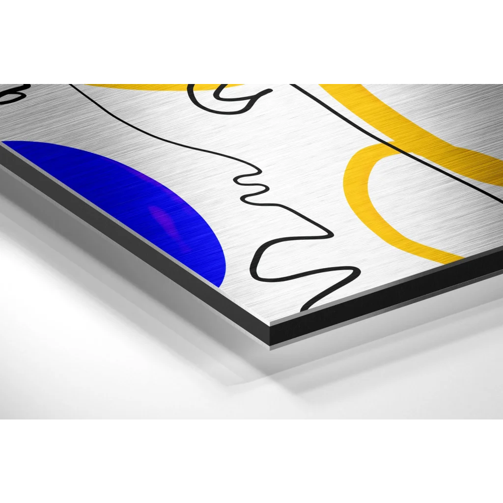 Bold abstract blue yellow curves on brushed aluminium dibond metal print