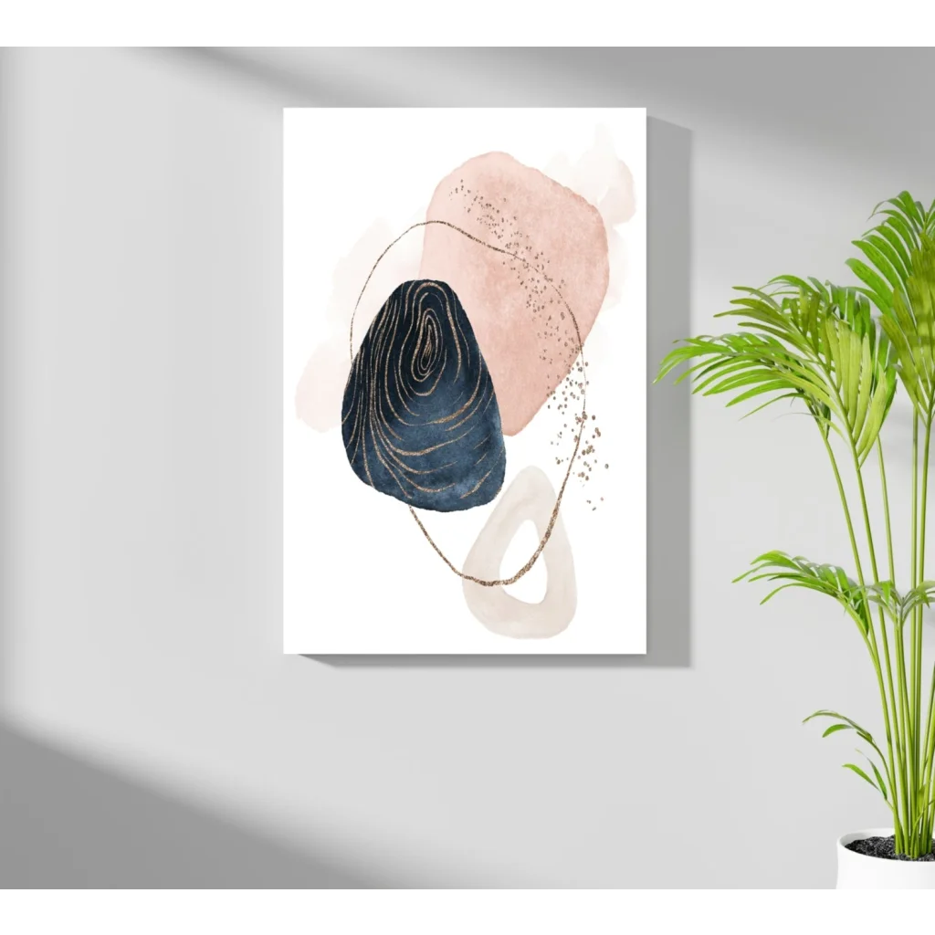 Abstract navy blue stone with gold swirls on blush beige shapes in Insigne aluminum prints