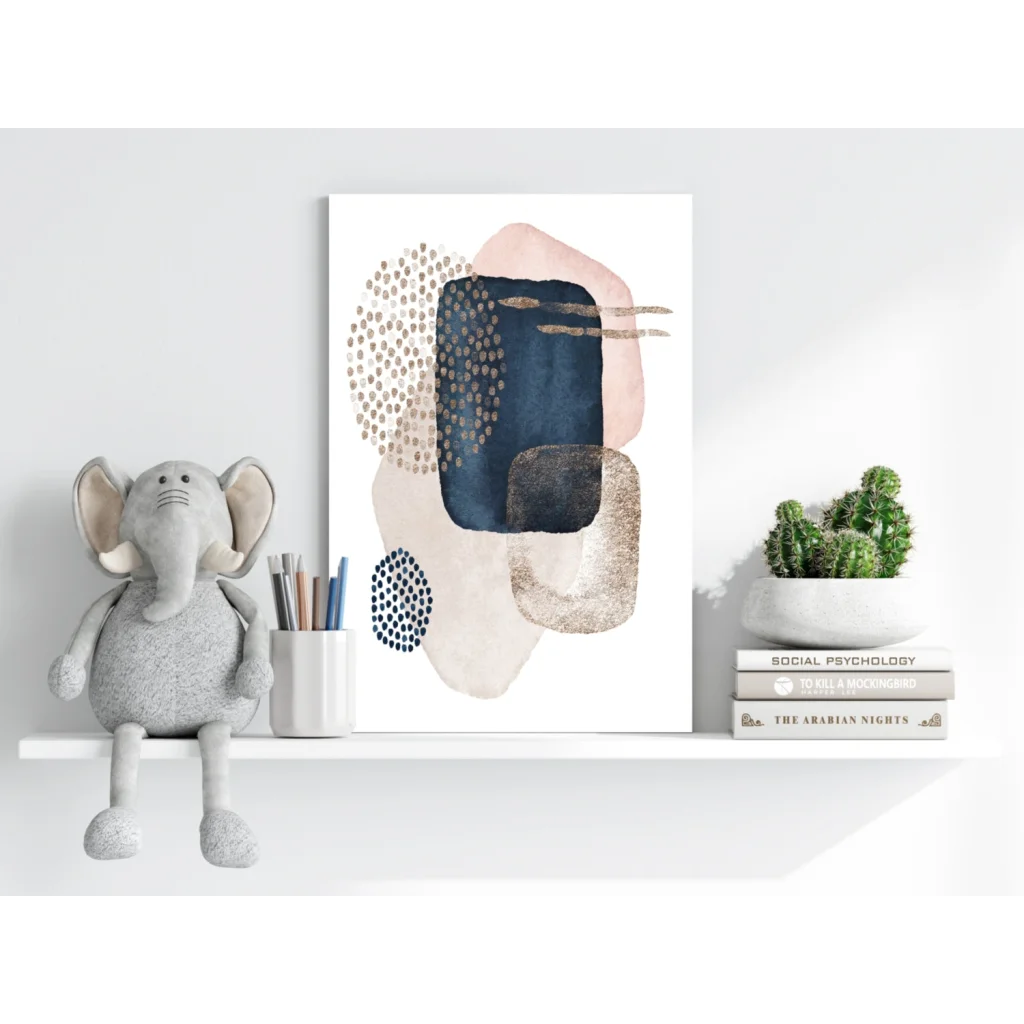 Insigne aluminum prints with blush navy gold abstract shapes and textured dots