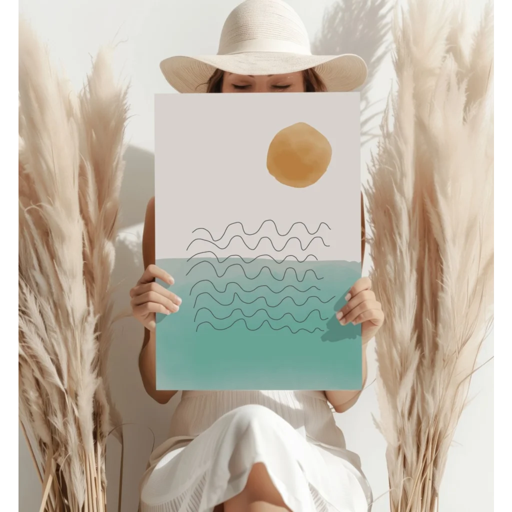 Golden sun over teal waves on insigne aluminum print