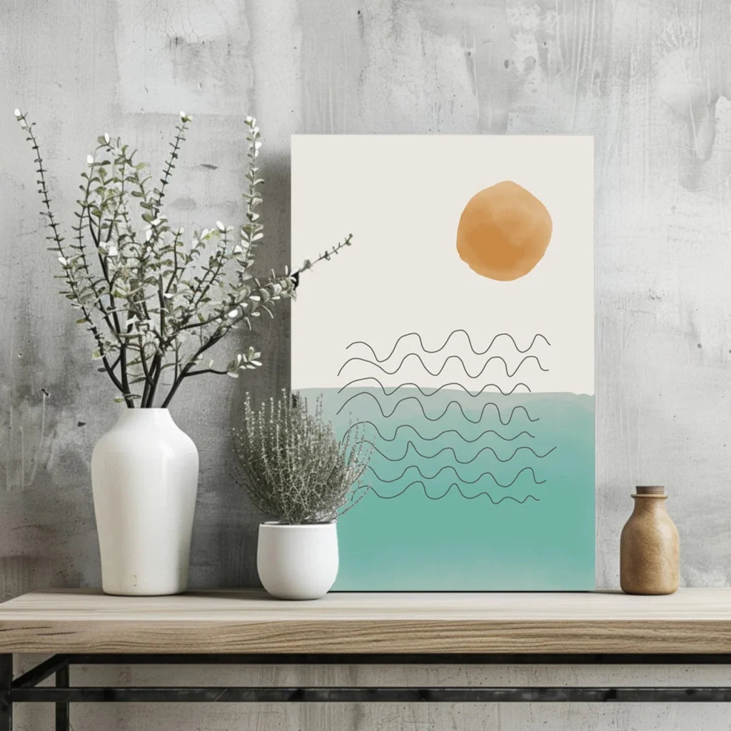 Minimalist insigne aluminum print with golden sun over teal waves