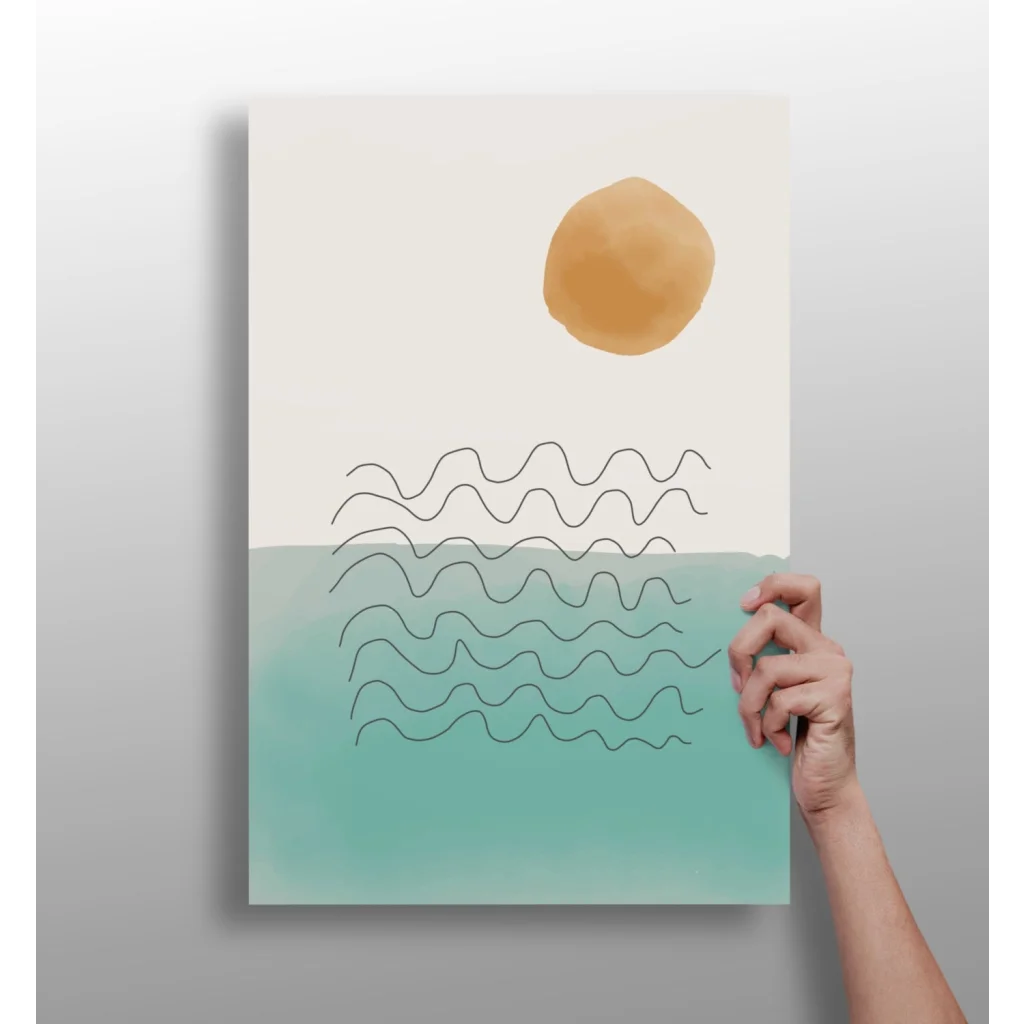 Insigne aluminum prints with warm ochre sun over teal waves
