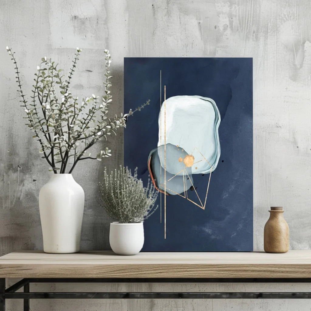 Stunning Navy Blue Abstract Insigne Aluminum Prints with Gold | Glass Wall Art Print | vintageantiquesgifts.com