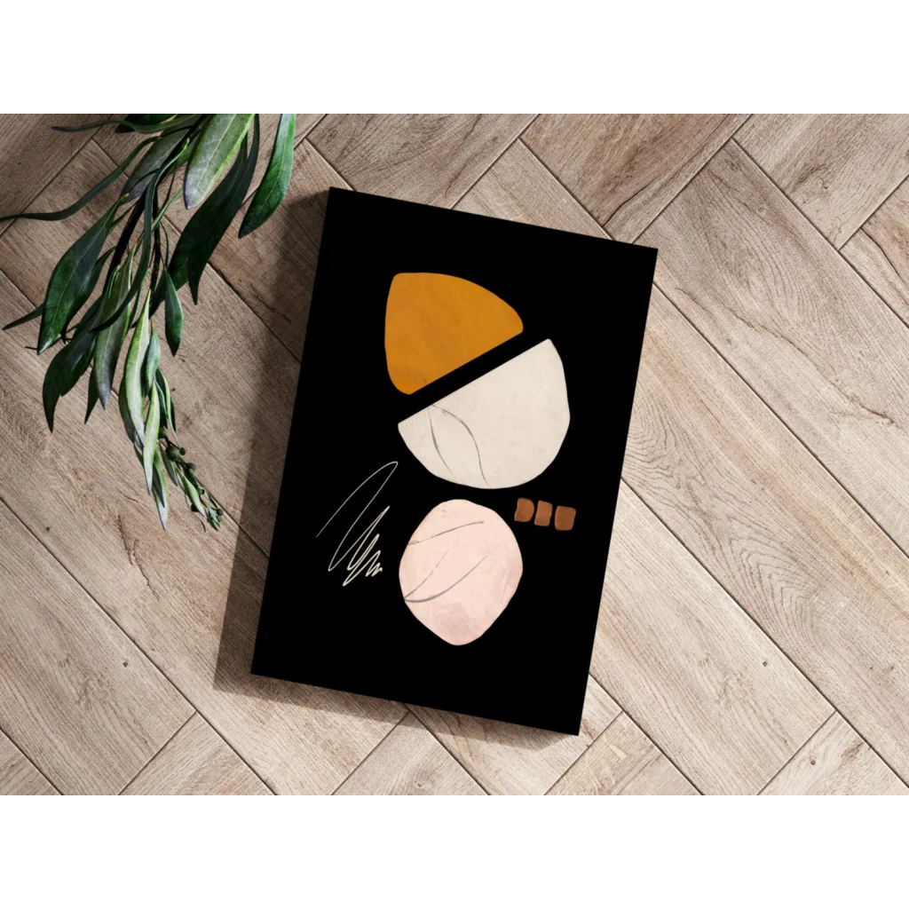 Black geometric warmth insigne aluminum print in mustard yellow, cream, blush pink