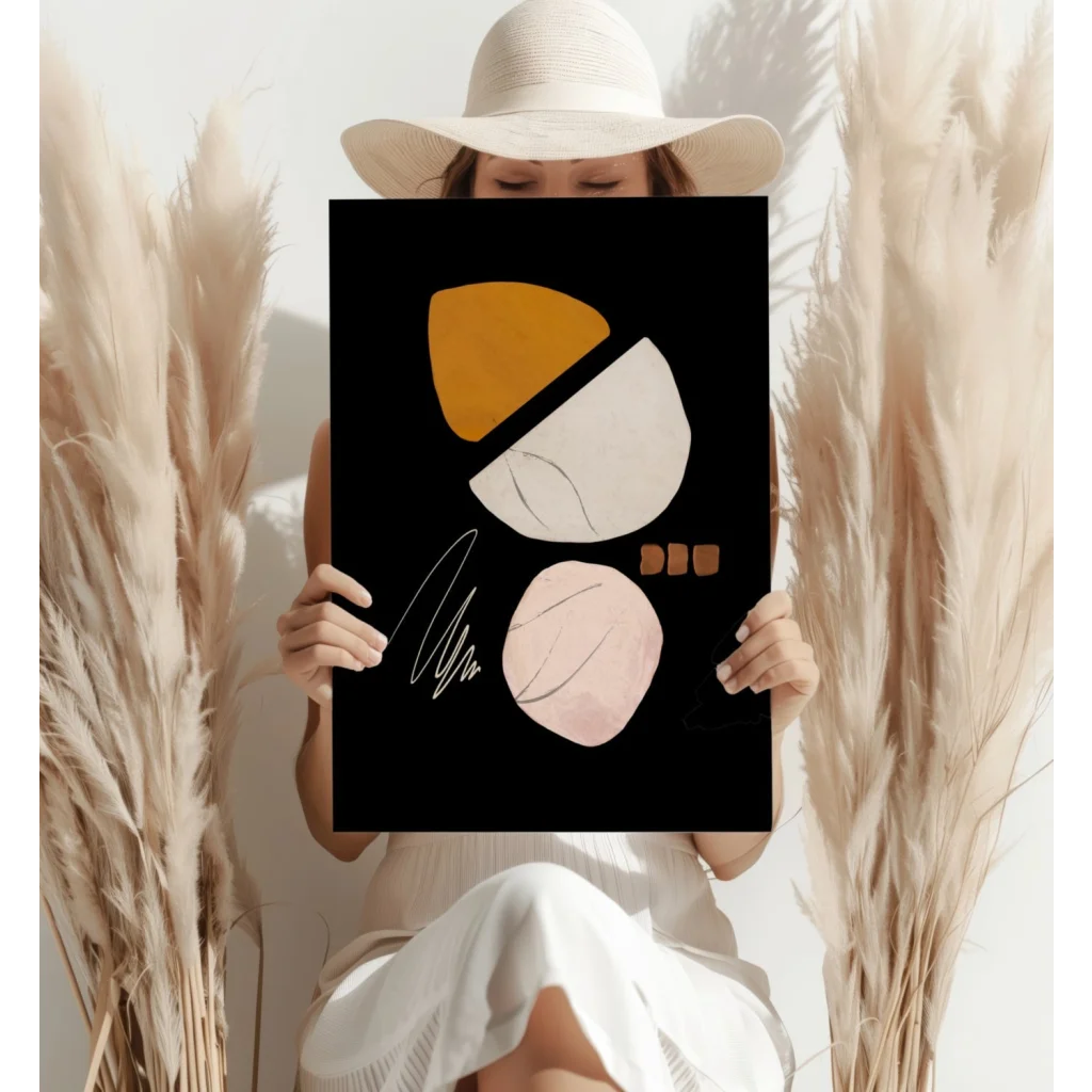 Bold geometric insigne aluminum print in black with warm yellow, pink, white shapes