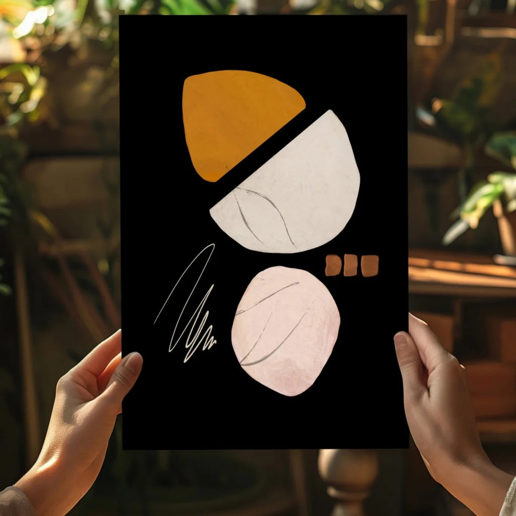 Black geometric warmth insigne aluminum print with overlapping orange, white, pink semi-circles