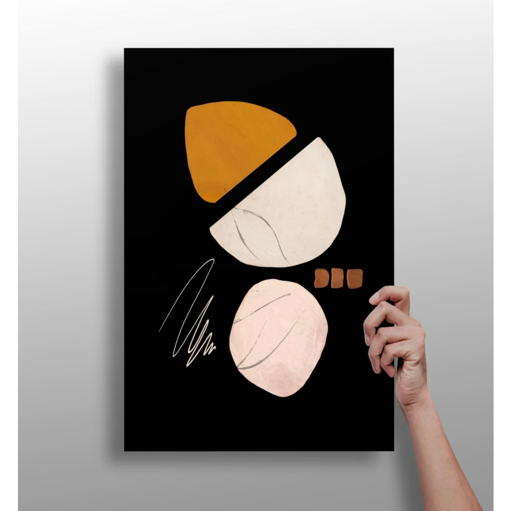 Black abstract art on insigne aluminum print with overlapping geometric shapes in ochre, cream, and blush pink