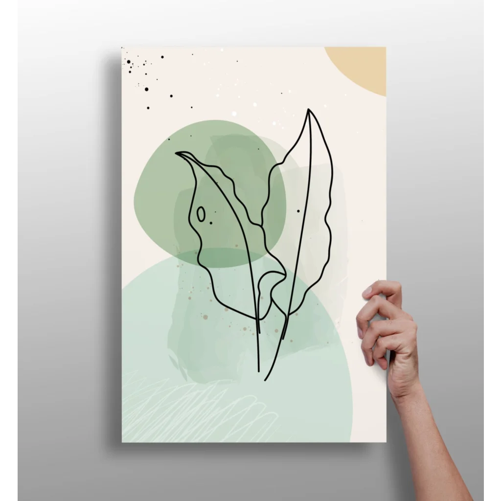 Minimalist black line leaves on green beige watercolor in insigne aluminum prints