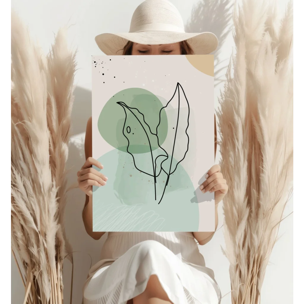 Insigne aluminum prints: minimalist black leaf art on mint green beige circles