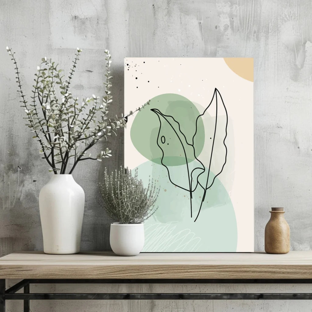 Insigne aluminum prints: minimalist black leaf art on cream with green beige circles