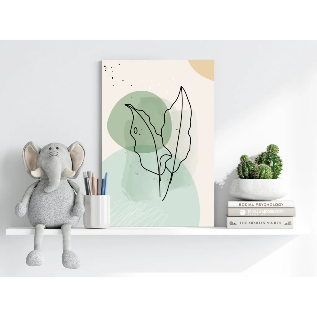 Minimalist leaf on insigne aluminum prints with mint green circles