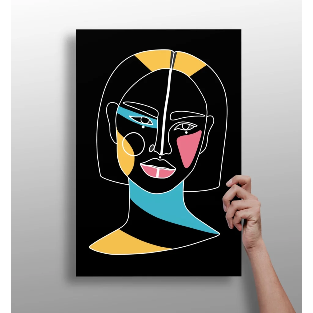 Abstract insigne aluminum prints: bold geometric portrait in yellow, pink, teal