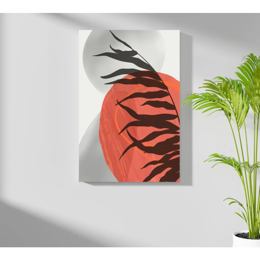 Bold black leaf silhouettes on vibrant orange white circular background in Insigne Aluminum Prints