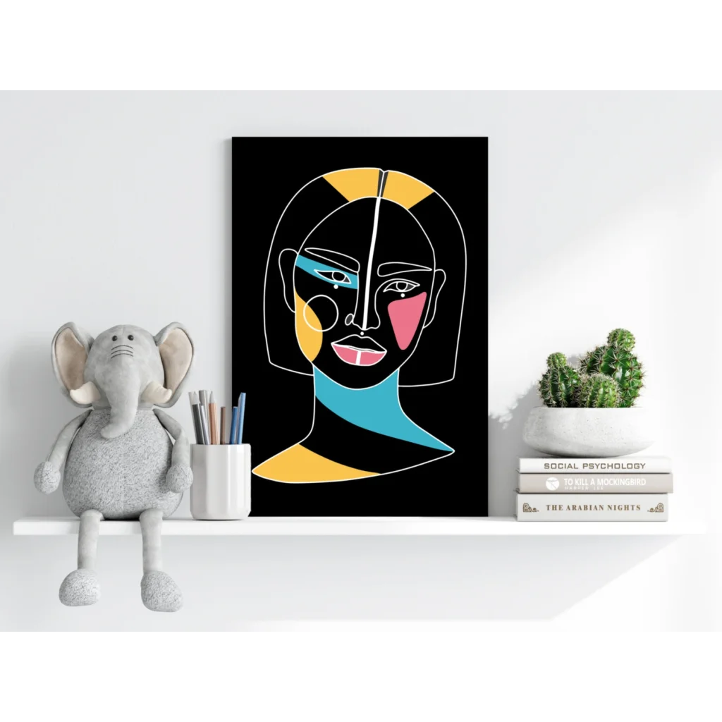 Abstract Insigne aluminum prints with bold geometric portrait in yellow, blue, pink on black