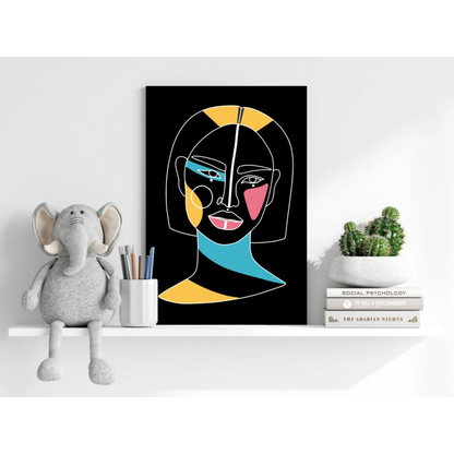 Abstract Insigne aluminum prints with bold geometric portrait in yellow, blue, pink on black