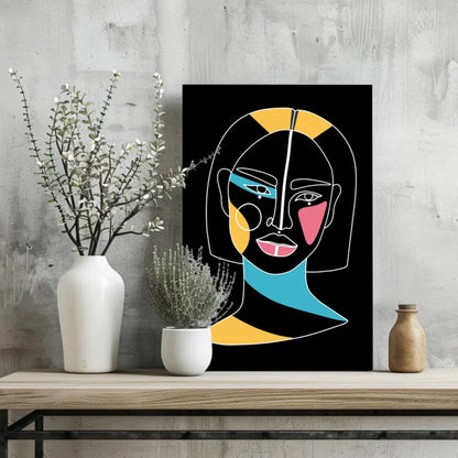 Bold abstract portrait on Insigne aluminum print with geometric face in black, yellow, blue, pink