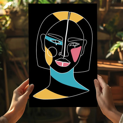 Stylized abstract portrait on Insigne aluminum prints in yellow, teal, pink