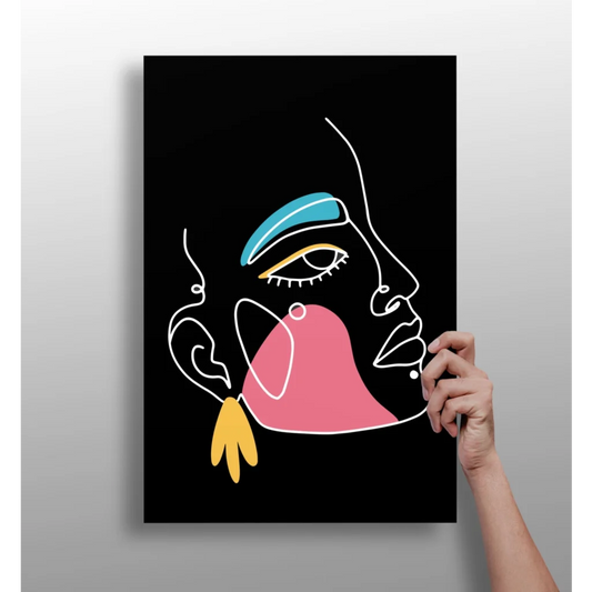 Vibrant neon pop art face on insigne aluminum prints with turquoise and pink blocks