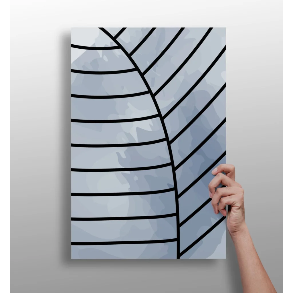 Insigne aluminum prints: bold black leaf lines on textured light blue canvas