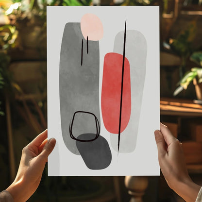 Bold geometric insigne aluminum print with gray, coral, pink shapes and black lines