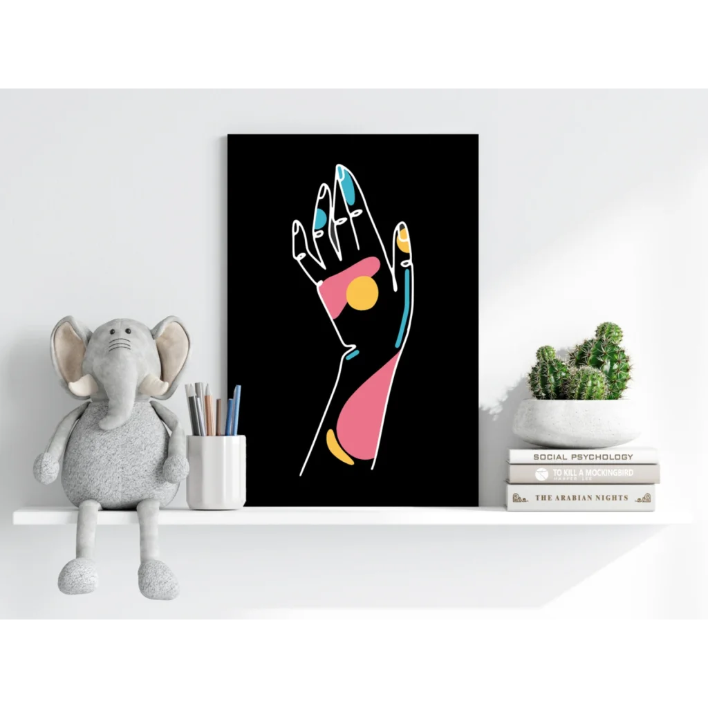 Vibrant abstract hand on insigne aluminum prints, pink yellow shapes blue accents