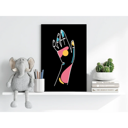 Vibrant abstract hand on insigne aluminum prints, pink yellow shapes blue accents