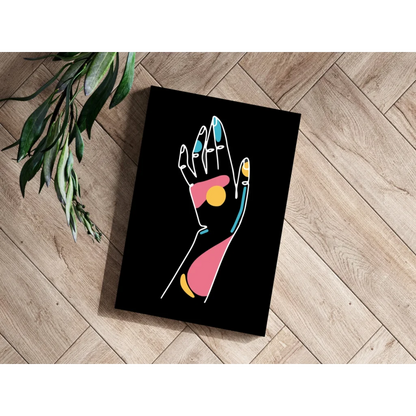 Vibrant abstract hand on insigne aluminum prints in pink, yellow, teal