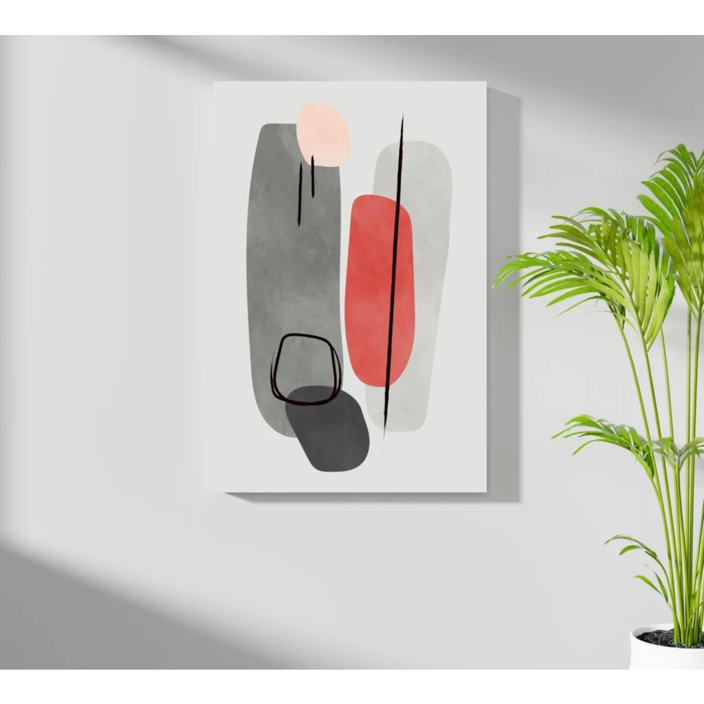 Bold geometric insigne aluminum prints in gray, coral, and peach on white