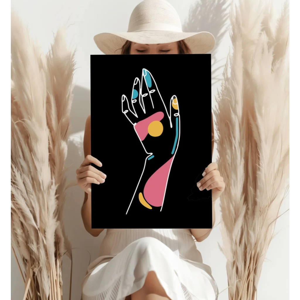 Vibrant abstract hand on insigne aluminum print, pink teal outlines yellow accents