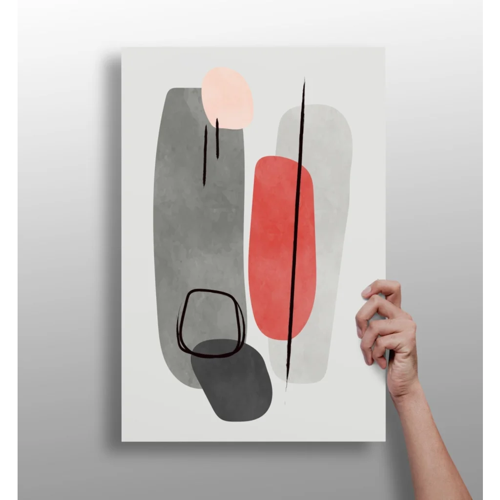 Bold geometric insigne aluminum print with gray, coral, and black shapes on white