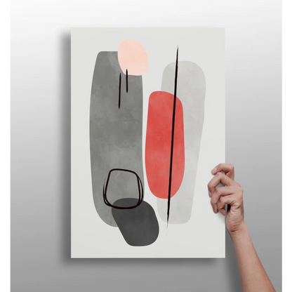 Bold geometric insigne aluminum print with gray, coral, and black shapes on white