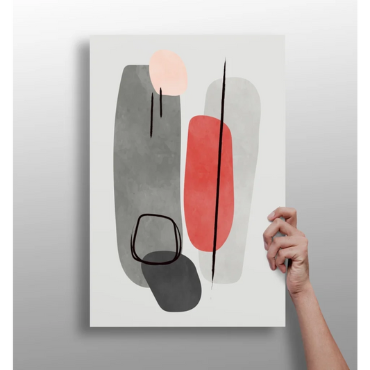 Bold geometric insigne aluminum print with gray, coral, and black shapes on white