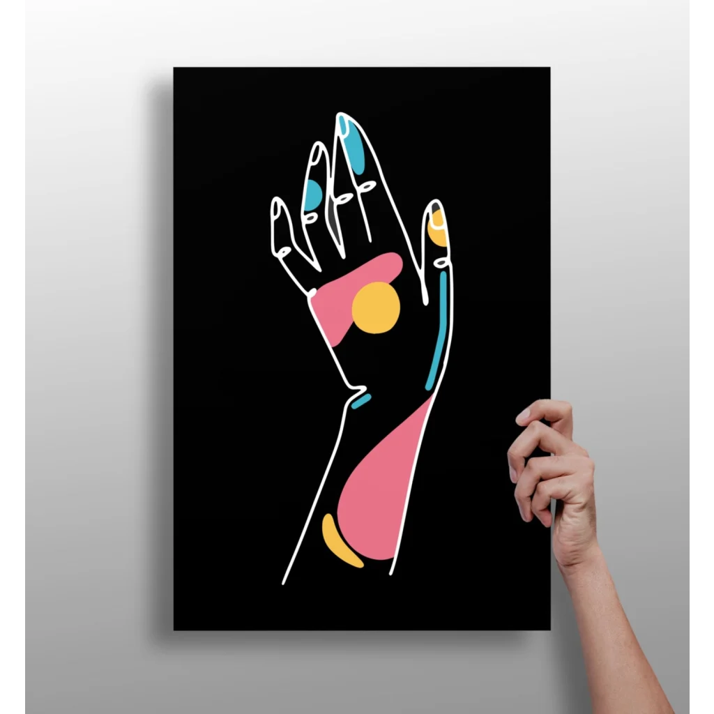 Vibrant abstract hand on insigne aluminum prints, pink yellow teal accents