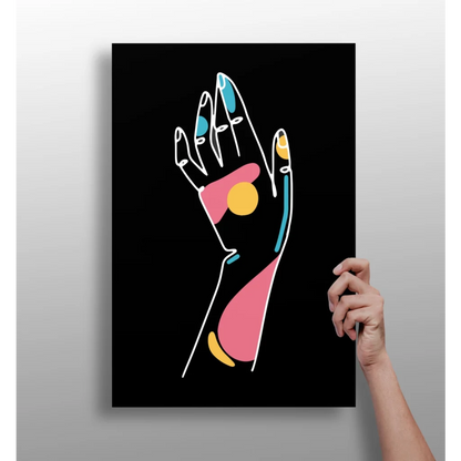 Vibrant abstract hand on insigne aluminum prints, pink yellow teal accents