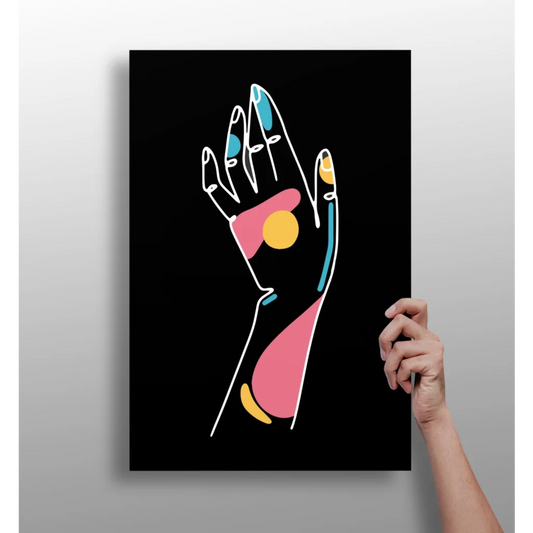 Vibrant abstract hand on insigne aluminum prints, pink yellow teal accents