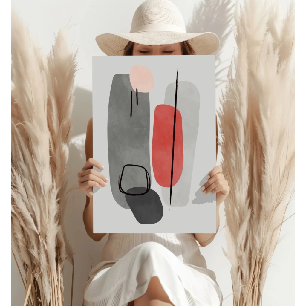 Bold geometric insigne aluminum print in gray, red, pink on white