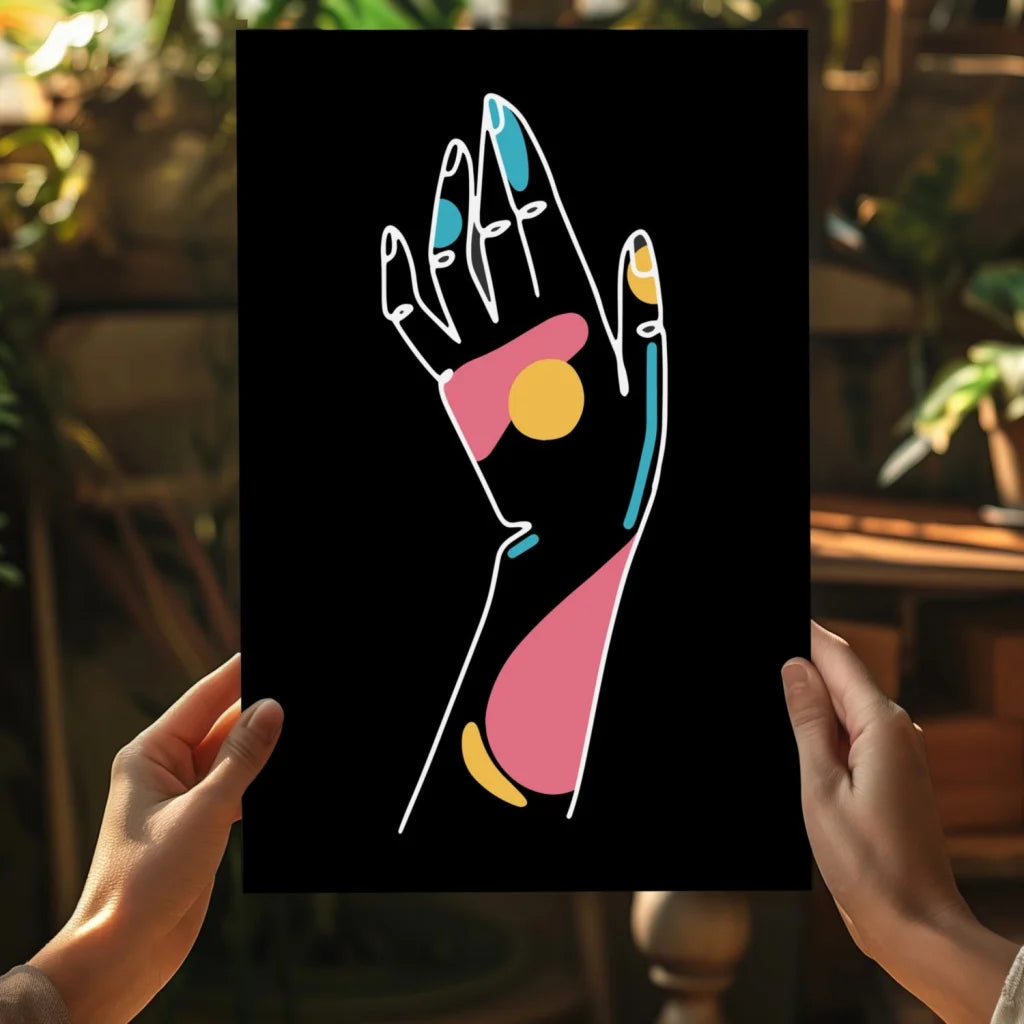 Vibrant abstract hand on insigne aluminum prints, pink teal shapes yellow accents