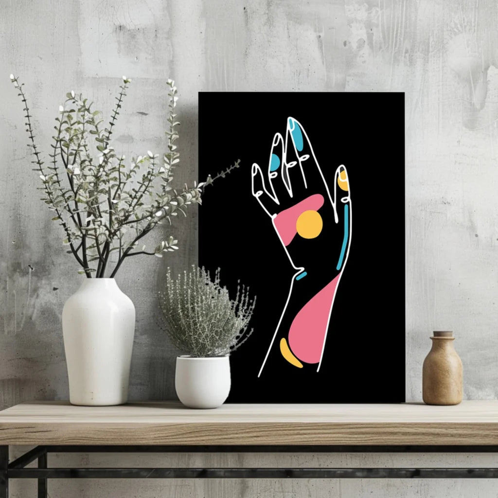 Vibrant abstract hand on insigne aluminum prints, pink yellow teal shapes