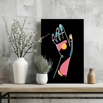 Vibrant abstract hand on insigne aluminum prints, pink yellow teal shapes