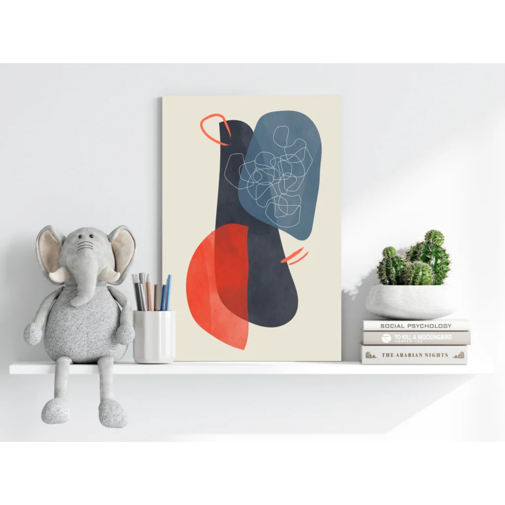 Bold red, navy blue, cream geometric shapes on Insigne aluminum prints